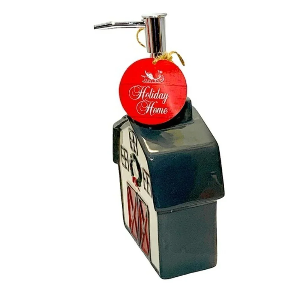 Christmas Barn Soap Lotion Dispenser Ceramic Hand Painted Gift Grey Wreath Re…